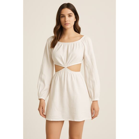 NEW- NWOTGianni Bini White Linen Blend Long Sleeve Mini Dress Size 4 - Picture 1 of 7